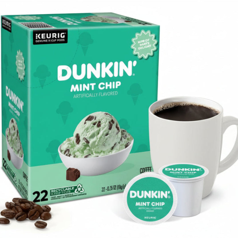 Dunkin' Mint Chip K-Cup packaging with a cup of coffee and mint chip ice cream.