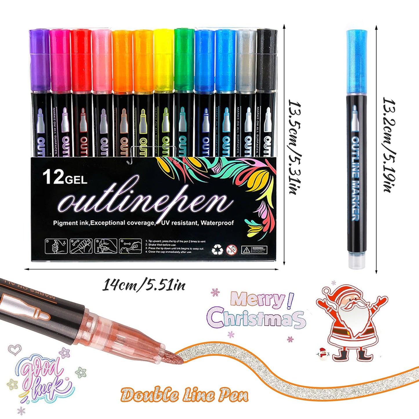 Gel Outline Marker Pens Glitter 12 Pack