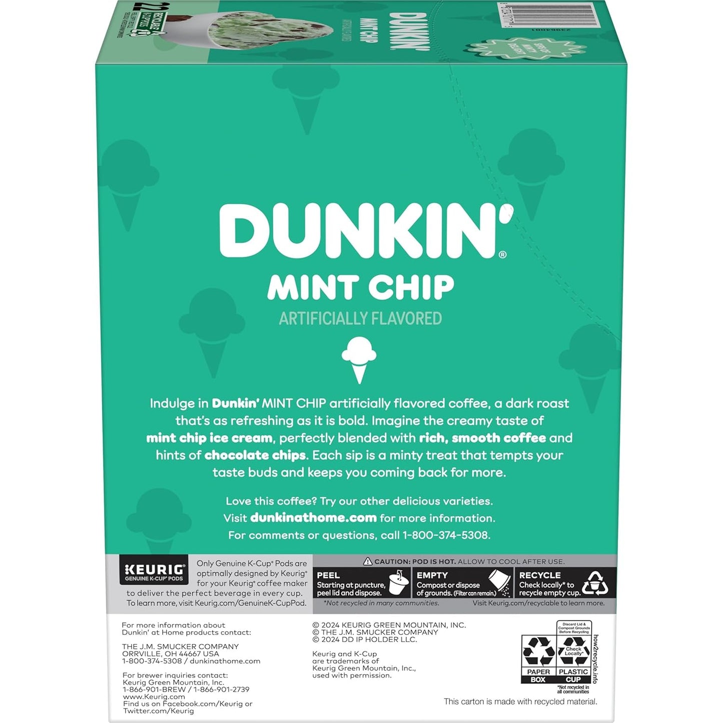 Dunkin Mint Chip Artificial Flavored Coffee 22ct K-cups