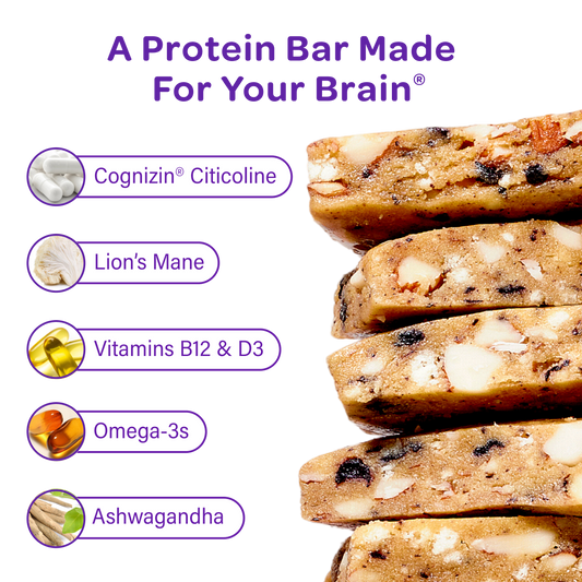 Protein bars with health benefits listed on a white background