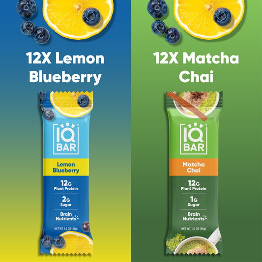 IQBAR Plant Protein Bars Bundle – Matcha Chai & Lemon Blueberry (24 Count)