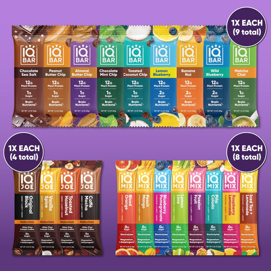 IQBAR Ultimate Sampler Variety Pack – 9 Protein Bars & 12 IQMIX Electrolyte Sticks