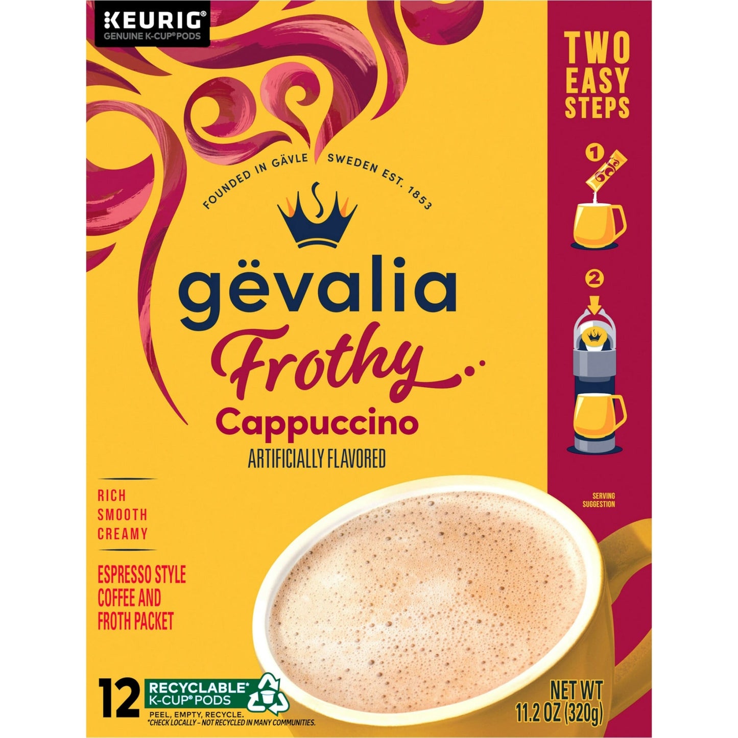 Gevalia Frothy Cappuccino packaging with a yellow and purple design, featuring a KEURIG logo.