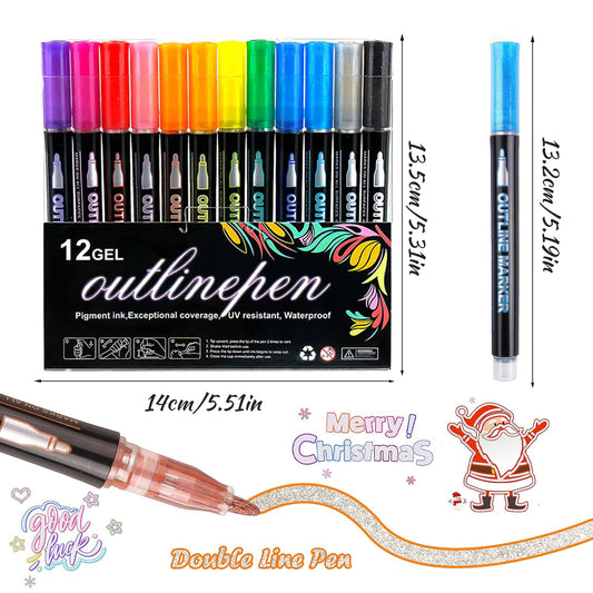 Gel Outline Marker Pens Glitter 12 Pack
