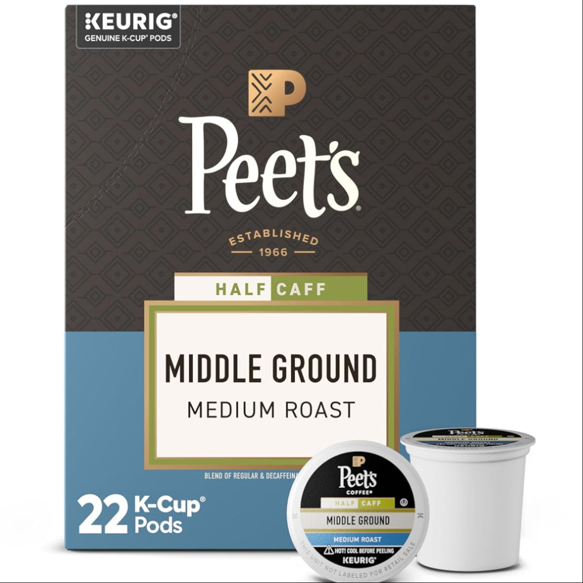 Peet's Half Caffa Middle Ground Medium Roast K-Cup pods box with two individual pods shown in front on a white background.