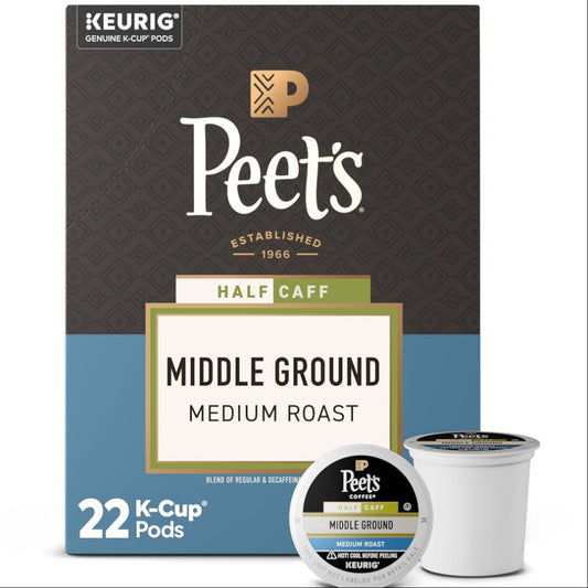 Peet's Half Caffa Middle Ground Medium Roast K-Cup pods box with two individual pods shown in front on a white background.