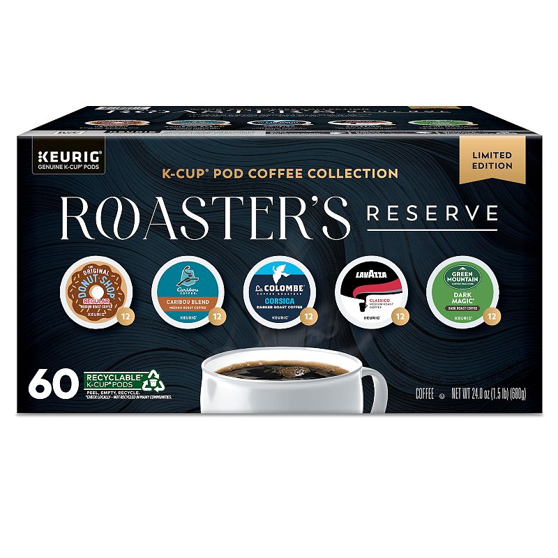 Keurig Roaster's Reserve K-Cup pod coffee collection packaging with a cup of coffee on a white background.