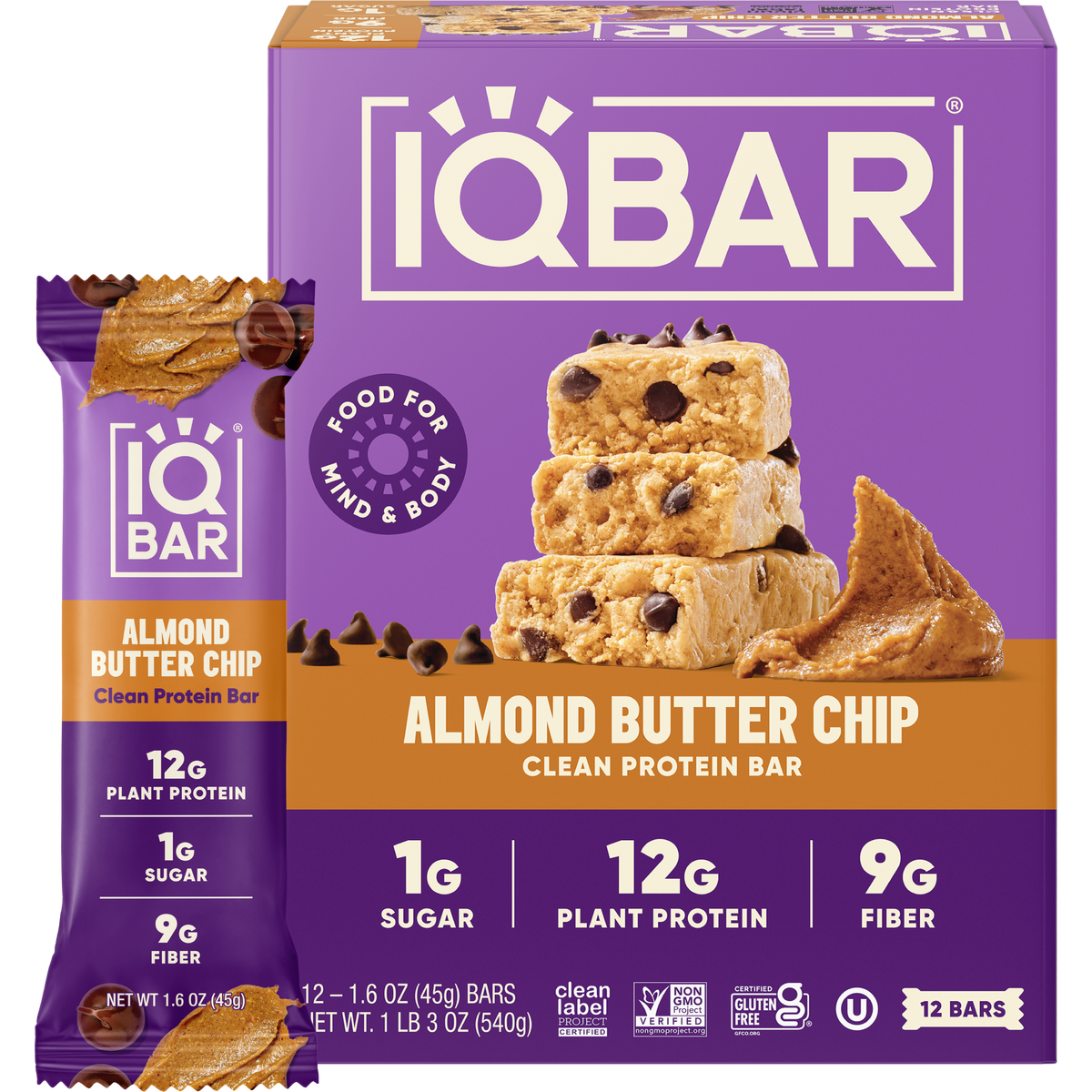 IQBAR Almond Butter Chip — Protein-Packed Energy Bars (12-Pack)