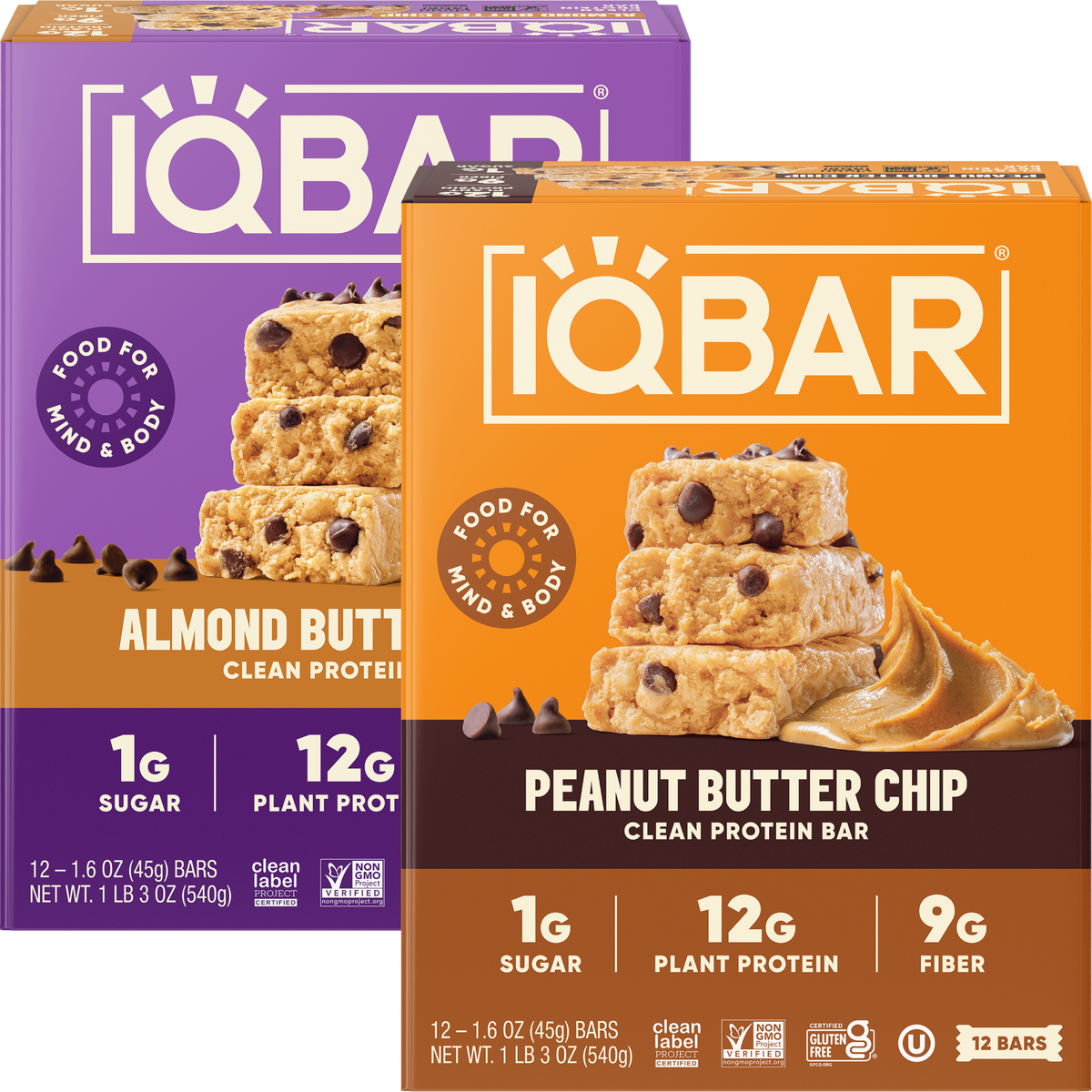 IQBAR Almond Butter Chip & Peanut Butter Chip Protein Bars (24 Bars)