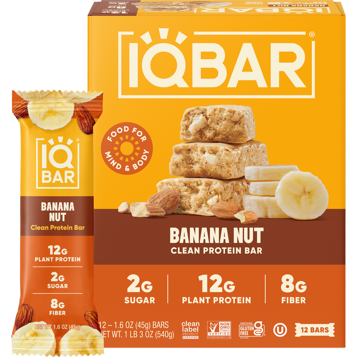 IQBAR Banana Nut — Protein-Packed Energy Bars (12-Pack)