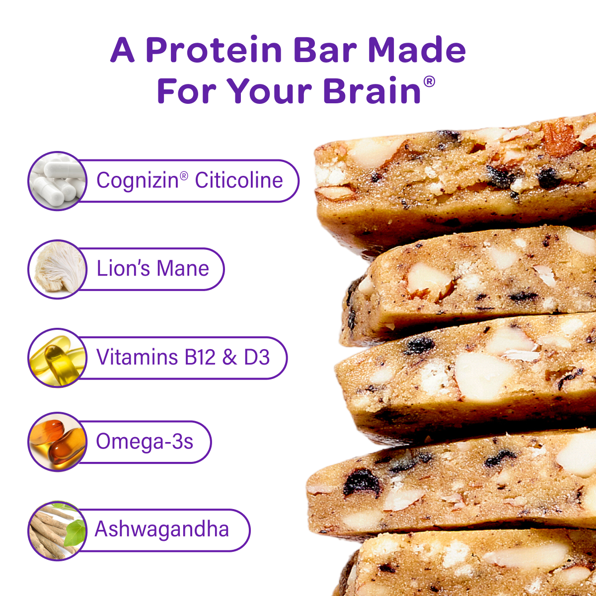 Protein bars with health benefits listed on a white background