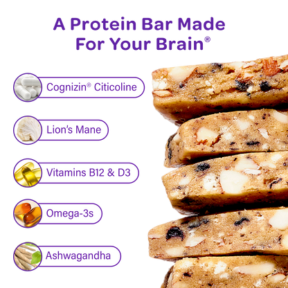 Protein bars with health benefits listed on a white background