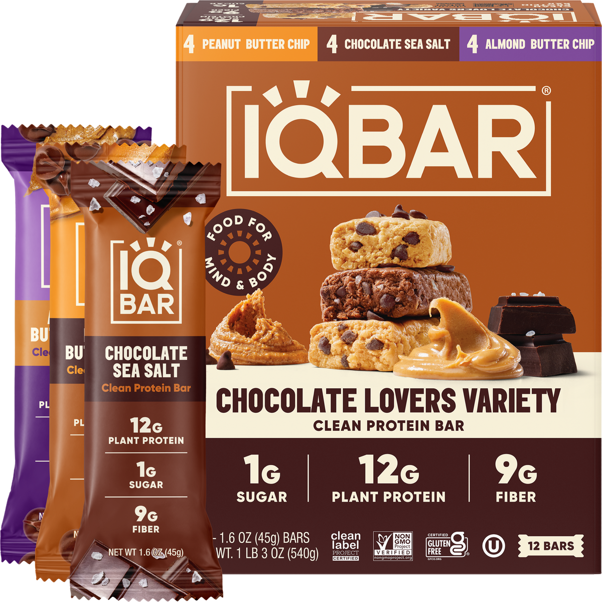 IQBar Chocolate Lovers Variety Pack – Protein & Nutrient Bars (12 Bars)