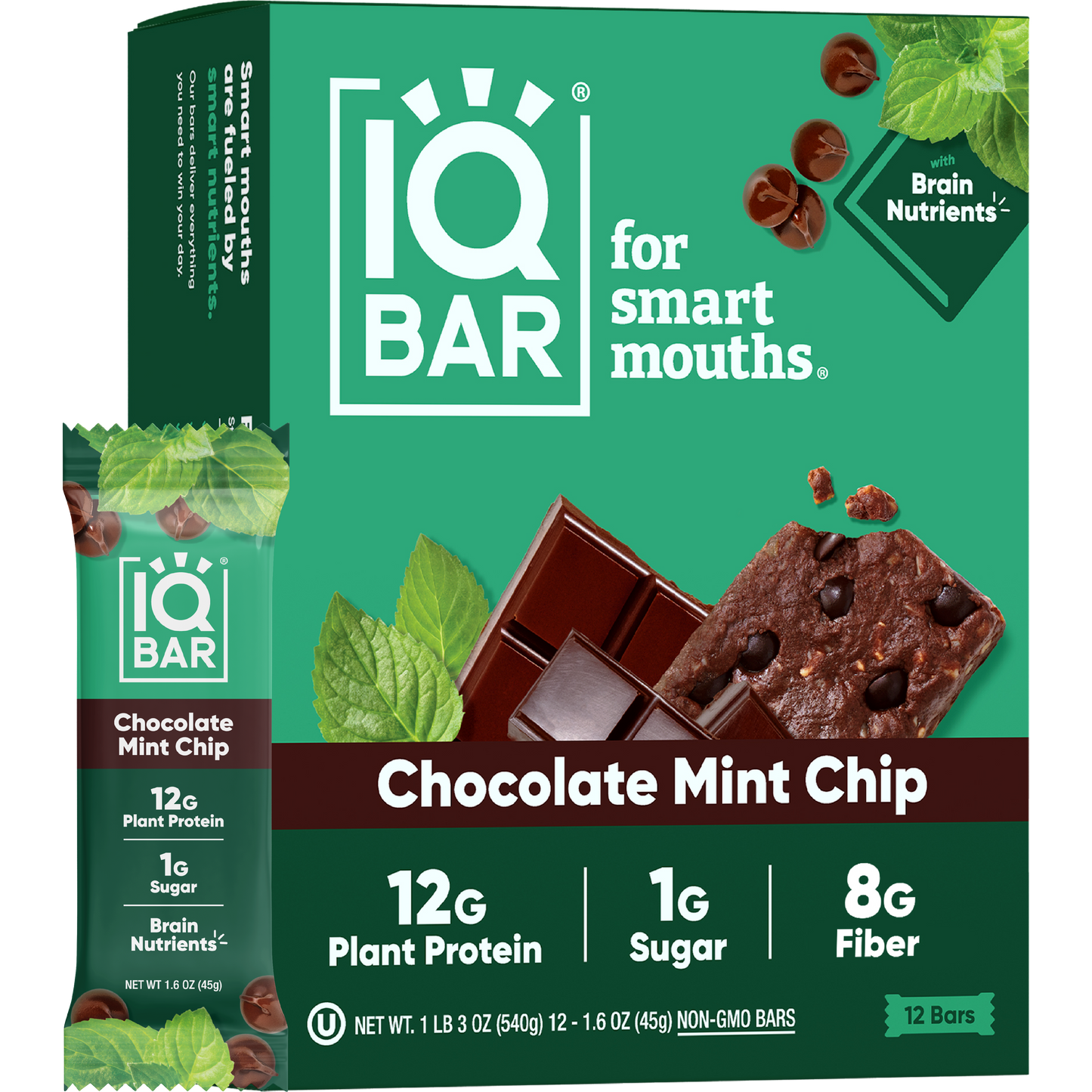IQBar Chocolate Mint Chip – Protein & Nutrient-Rich Energy Bar (12-Pack)