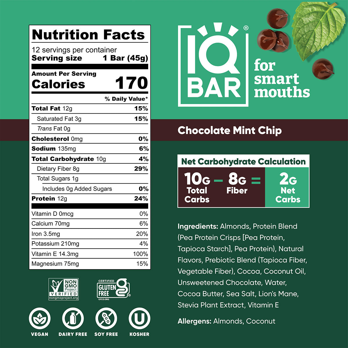 IQBar Chocolate Mint Chip – Protein & Nutrient-Rich Energy Bar (12-Pack)