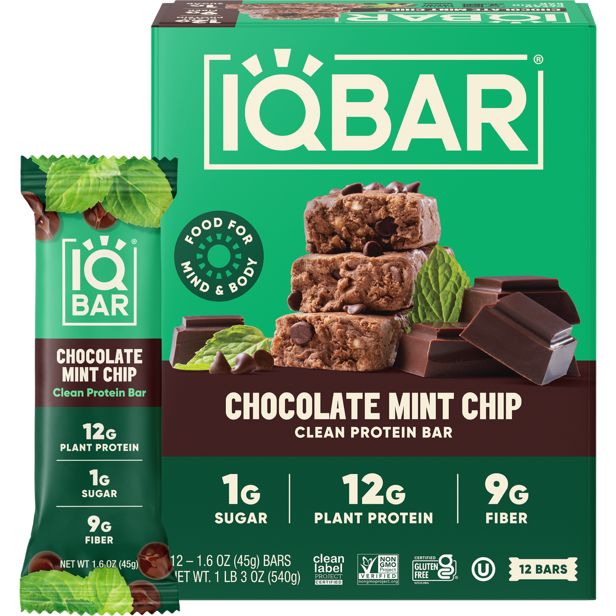 IQBar Chocolate Mint Chip – Protein & Nutrient-Rich Energy Bar (12-Pack)