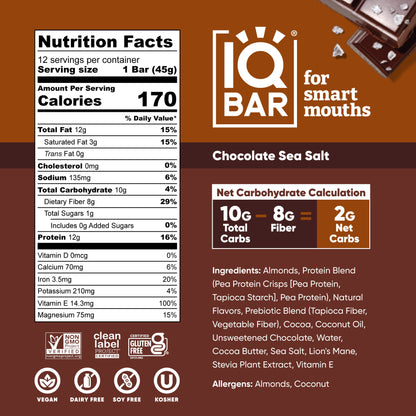 IQBAR Chocolate Sea Salt — Protein-Packed Energy Bars (12-Pack)