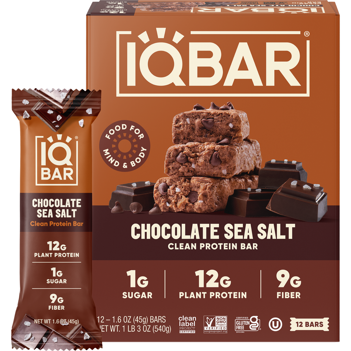 IQBAR Chocolate Sea Salt — Protein-Packed Energy Bars (12-Pack)