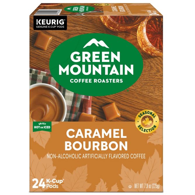 A box of Green Mountain Coffee Roasters Caramel Bourbon K-Cup Pods, featuring a warm brown and orange design with a prominent green logo and images of caramel candies and coffee.