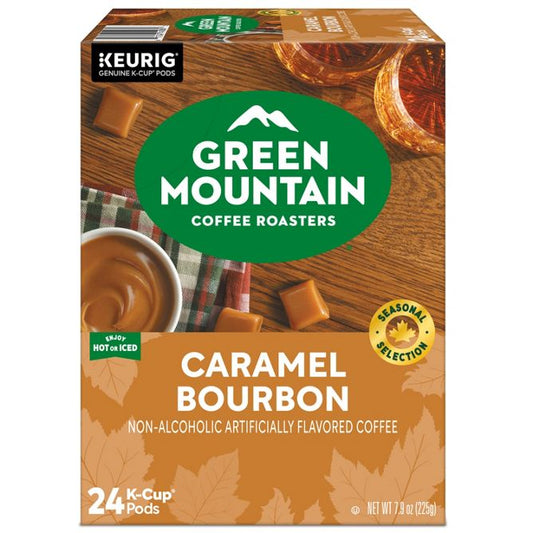 A box of Green Mountain Coffee Roasters Caramel Bourbon K-Cup Pods, featuring a warm brown and orange design with a prominent green logo and images of caramel candies and coffee.
