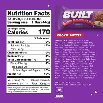BUILT Dreamwich Cookie Butter Protein Bar (12 Count)