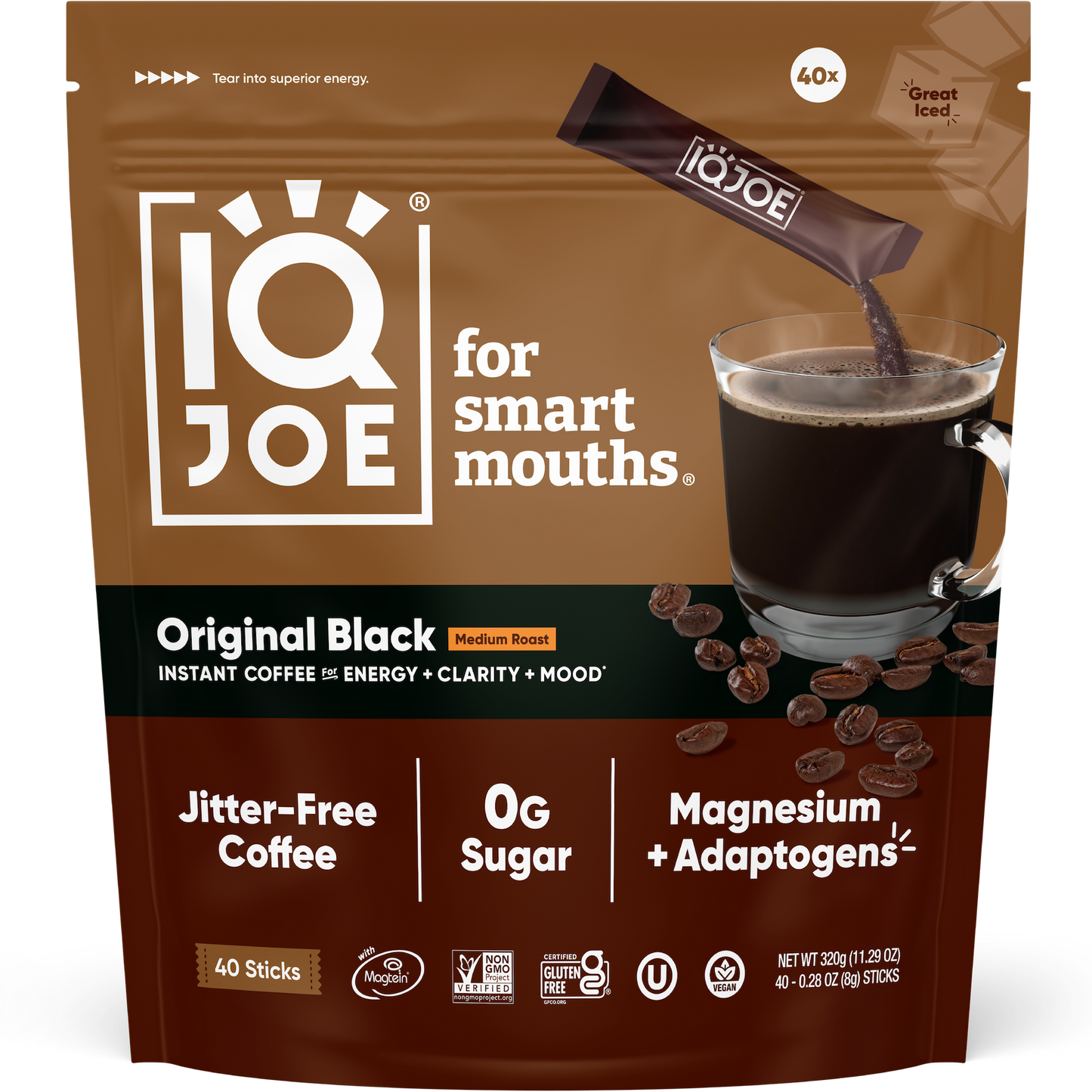 IQJOE Original Black Instant Coffee Sticks – Functional Mushroom Coffee (40 Count)