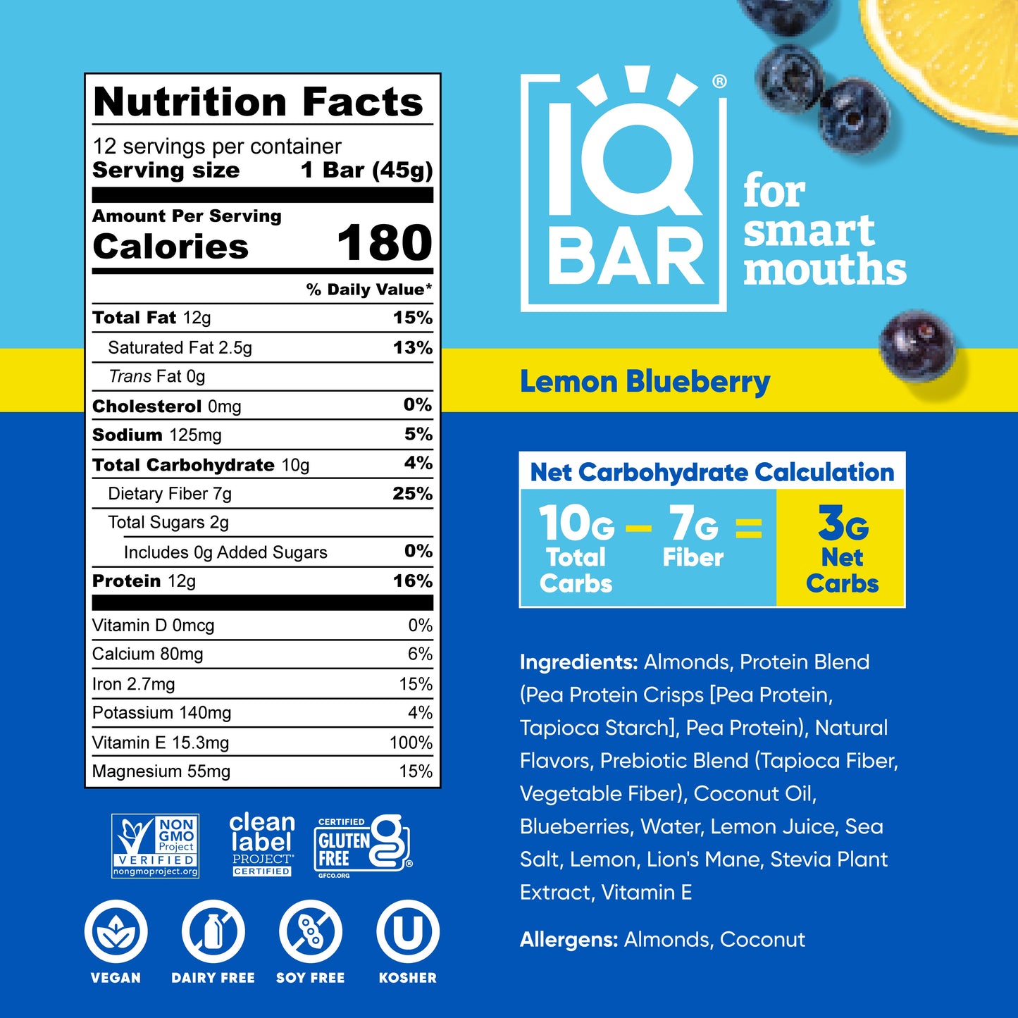 IQBAR Lemon Blueberry Protein Bar | Keto Plant-Based High Protein Snack