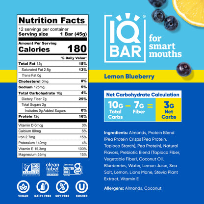 IQBAR Lemon Blueberry Protein Bar | Keto Plant-Based High Protein Snack