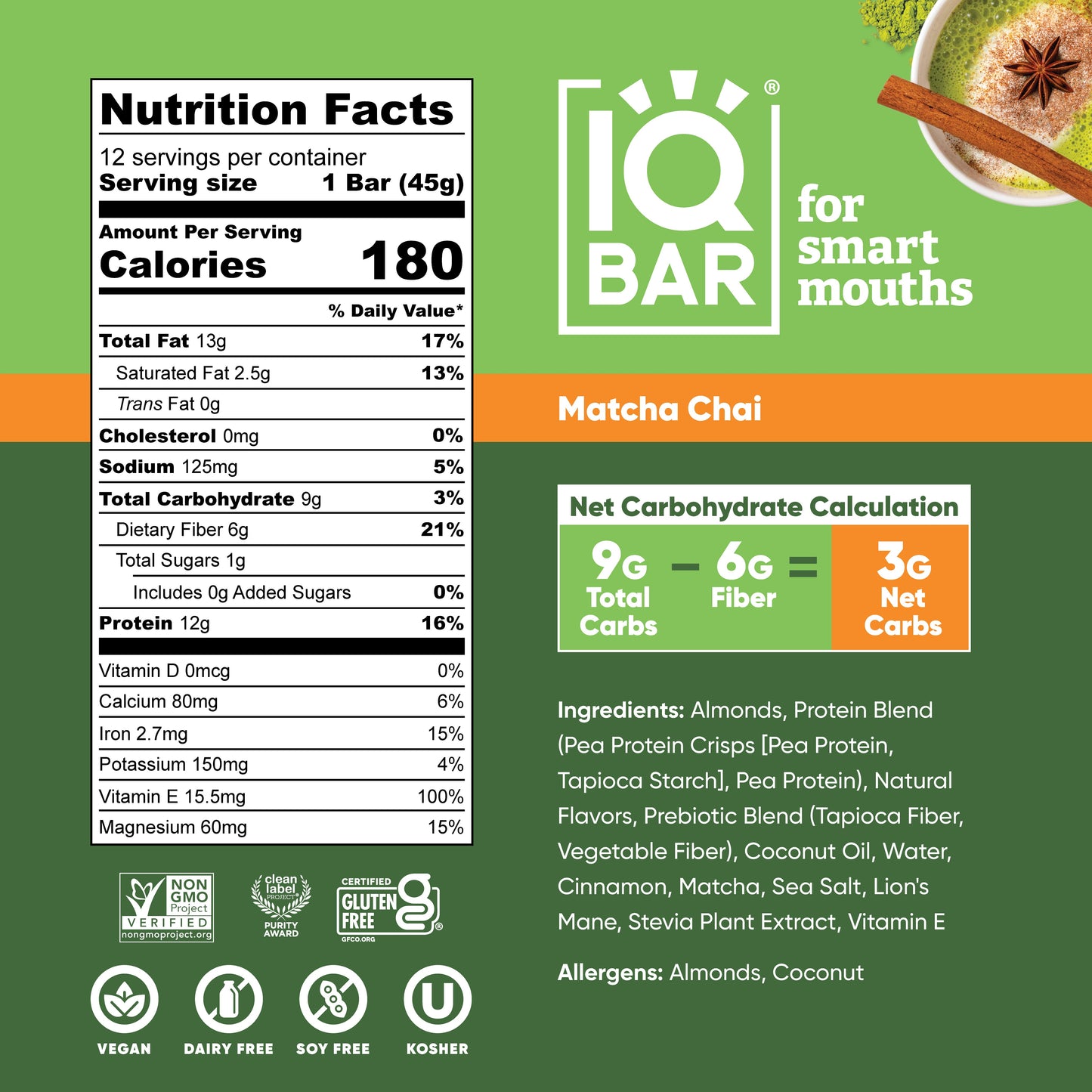 IQBAR Matcha Chai — Protein-Packed Energy Bars (12-Pack)