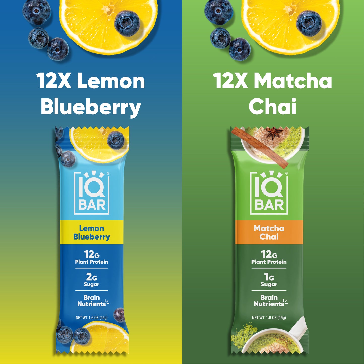 IQBAR Plant Protein Bars Bundle – Matcha Chai & Lemon Blueberry (24 Count)