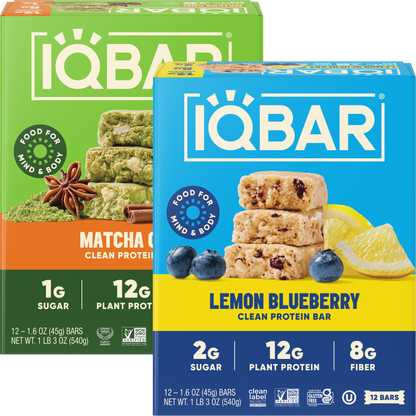 IQBAR Plant Protein Bars Bundle – Matcha Chai & Lemon Blueberry (24 Count)