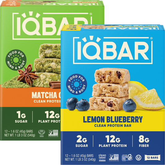 IQBAR Plant Protein Bars Bundle – Matcha Chai & Lemon Blueberry (24 Count)