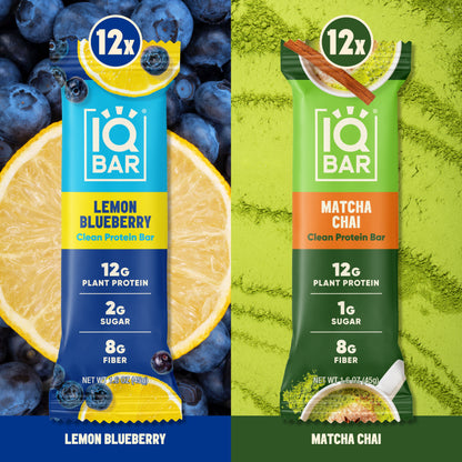 IQBAR Plant Protein Bars Bundle – Matcha Chai & Lemon Blueberry (24 Count)