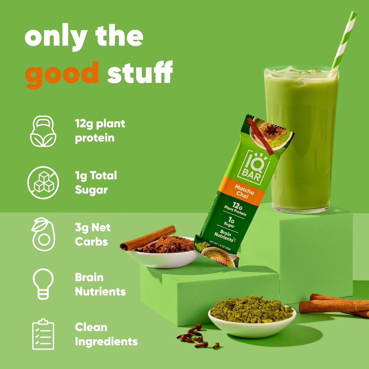 IQBAR Matcha Chai — Protein-Packed Energy Bars (12-Pack)