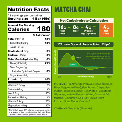 IQBAR Matcha Chai — Protein-Packed Energy Bars (12-Pack)