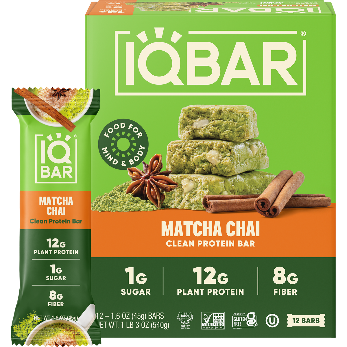 IQBAR Matcha Chai — Protein-Packed Energy Bars (12-Pack)