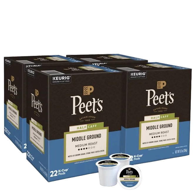Four Peets K-Cup Pods coffee boxes in a 4-pack of 22-count boxes, shown with four individual pods in front on a white background. Text at the top reads '88 COUNT (4 x 22 count boxes) K-Cup Pods'.