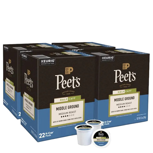 Four Peets K-Cup Pods coffee boxes in a 4-pack of 22-count boxes, shown with four individual pods in front on a white background. Text at the top reads '88 COUNT (4 x 22 count boxes) K-Cup Pods'.