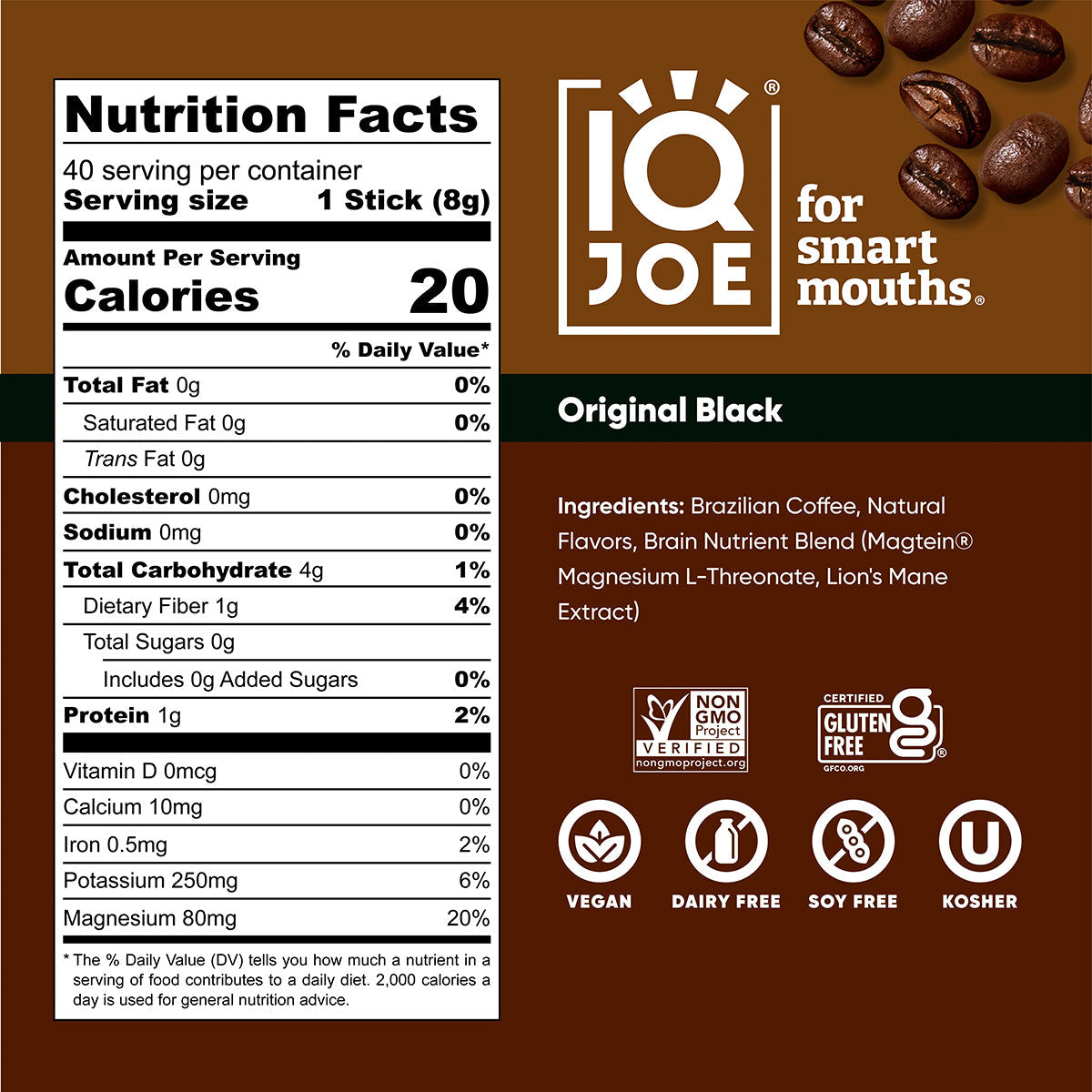 IQJOE Original Black Instant Coffee Sticks – Functional Mushroom Coffee (40 Count)