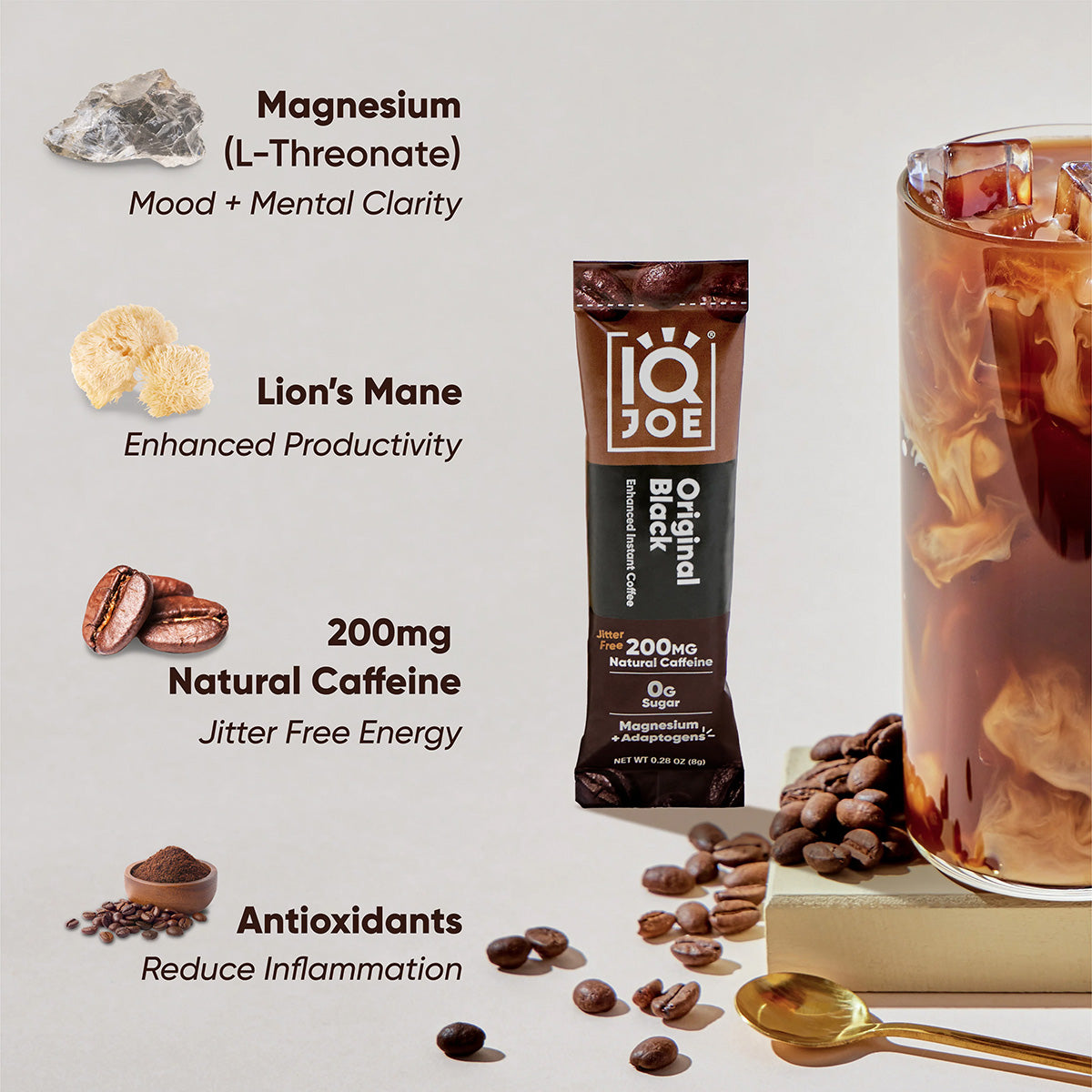 IQJOE Original Black Instant Coffee Sticks – Functional Mushroom Coffee (40 Count)