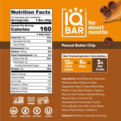 IQBAR Peanut Butter Chip — Protein-Packed Energy Bars (12-Pack)
