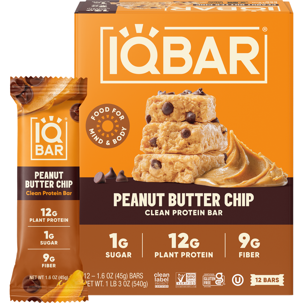 IQBAR Peanut Butter Chip — Protein-Packed Energy Bars (12-Pack)