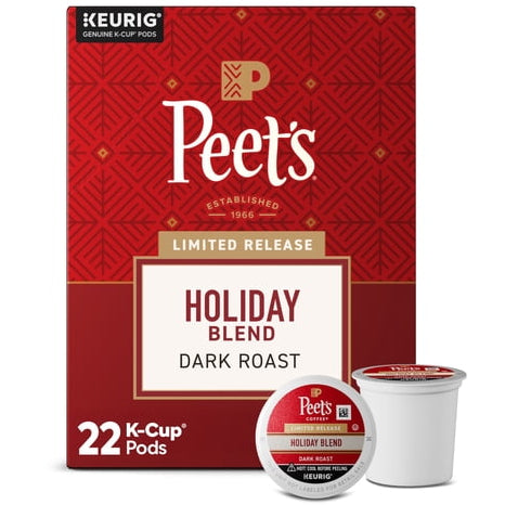 Peet's Holiday Blend Dark Roast coffee pods box with two individual pods shown in front on a white background.