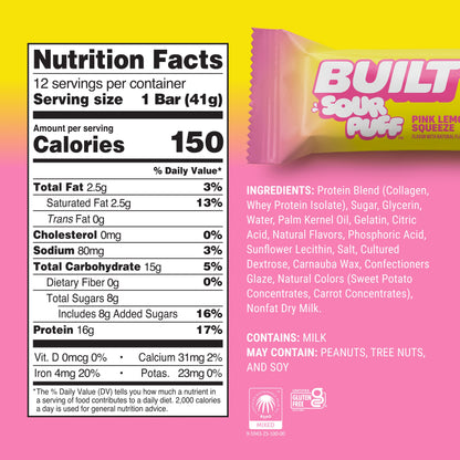 Pink Lemonade Sour Puff Protein Bar | Built High Protein Snack