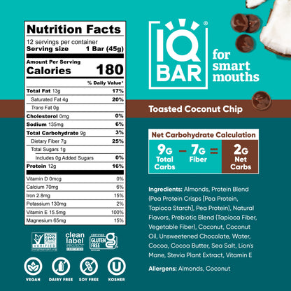 IQBAR Toasted Coconut Chip – Protein-Packed Energy Bars (12 Bars)