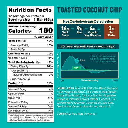 IQBAR Toasted Coconut Chip – Protein-Packed Energy Bars (12 Bars)
