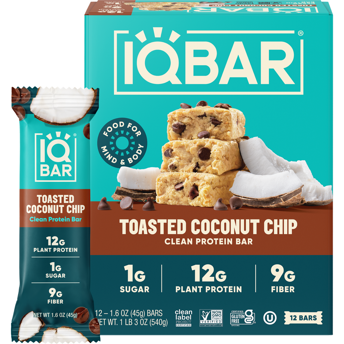 IQBAR Toasted Coconut Chip – Protein-Packed Energy Bars (12 Bars)