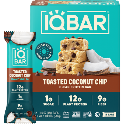 IQBAR Toasted Coconut Chip – Protein-Packed Energy Bars (12 Bars)