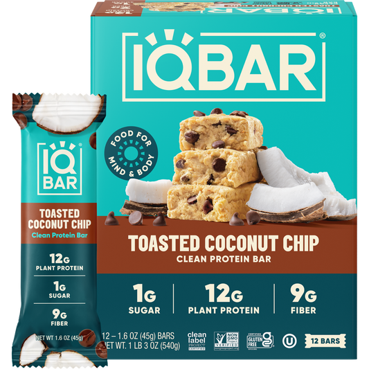 IQBAR Toasted Coconut Chip – Protein-Packed Energy Bars (12 Bars)