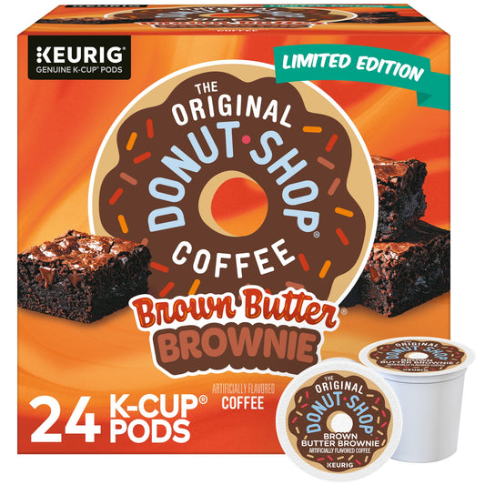 Keurig Original Donut Shop Coffee Brown Butter Brownie limited edition box containing 24 K-cup pods, with brownie images and two sample pods shown on a white background.